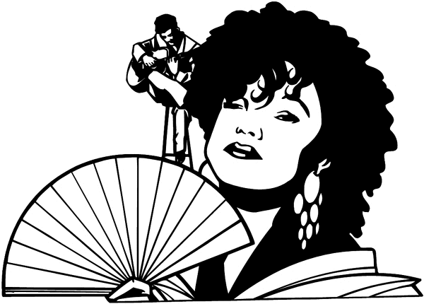 Man playing guitar and lady with fan vinyl sticker. Customize on line. Music 061-0256